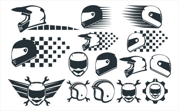 motocross rennhelm vektor grafik-design-vorlage-set für aufkleber, dekoration, schneiden und druck-datei - sturzhelm stock-grafiken, -clipart, -cartoons und -symbole