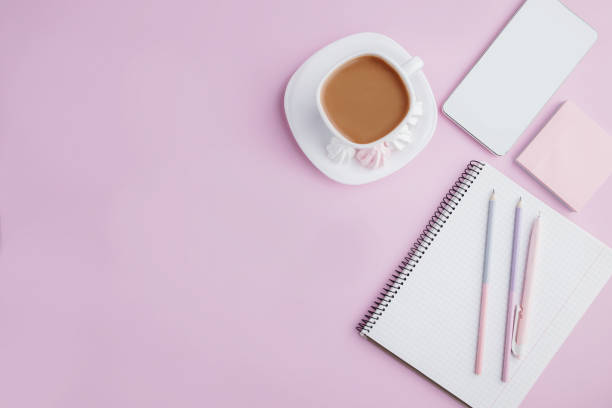 istock Flat lay minimal woman work space, inspiration 1289092664