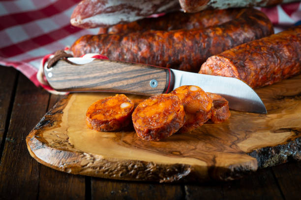 variety of spanish chorizo and sausages - smoked tongue imagens e fotografias de stock