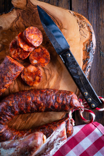 variety of spanish chorizo and sausages - smoked tongue imagens e fotografias de stock
