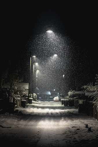 Snow-Covered street Lit by Street Lights