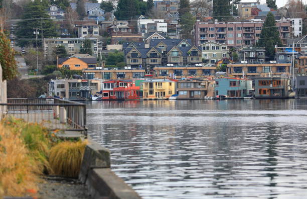 Houseboats along the Lake Union shore in Seattle, WA