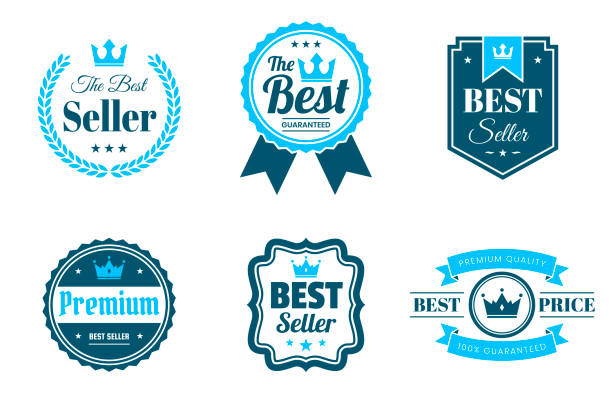 set von "besten" blauen abzeichen und etiketten - design-elemente - bestseller stock-grafiken, -clipart, -cartoons und -symbole