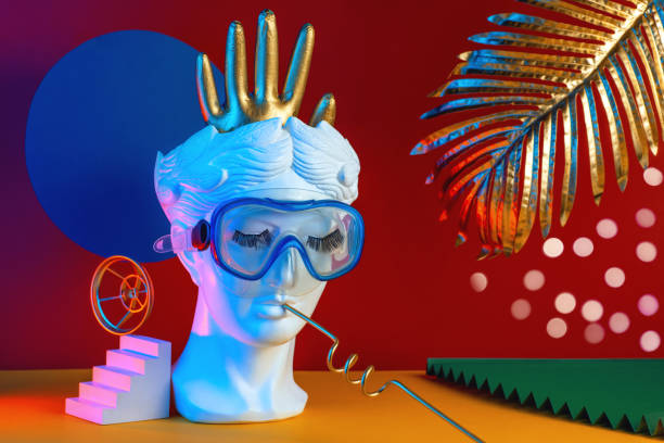 istock Abstract multicolored composition with head sculpture, stairs, glove, visual concept 1289098880
