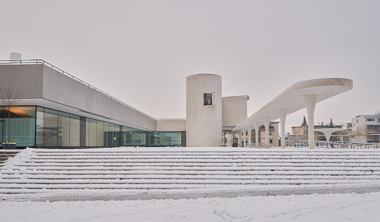 Darmstadt, Germany, 01 Dec 2020: Staatstheater, side view from Sandstraße covered by snow