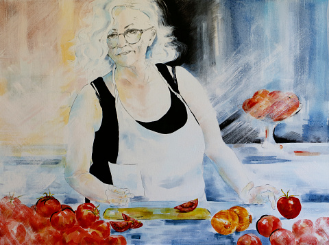 A senior woman is preparing tomatoes for cooking. Self portrait by Judi Parkinson painted with mixed media.