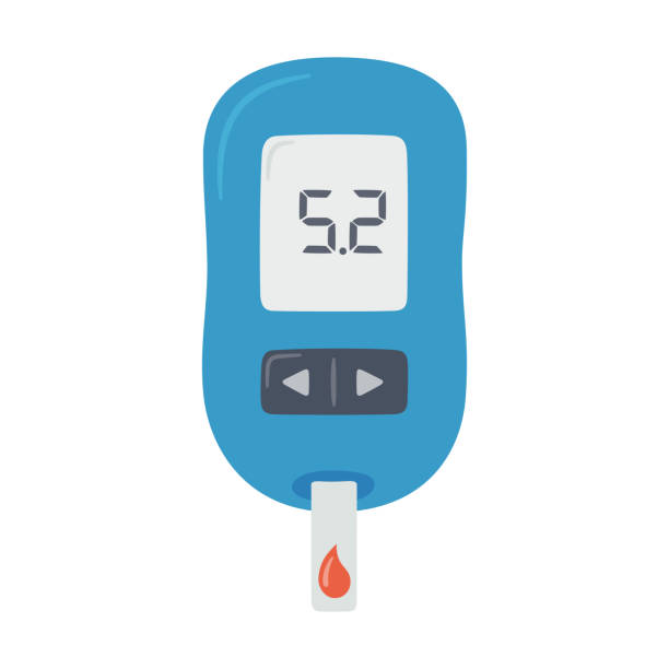 normal değerlere sahip taşınabilir glucometer. kan şekeri testi. kan şekeri ölçümleri. diyabet kontrolü ve teşhisi. - glükomere stock illustrations