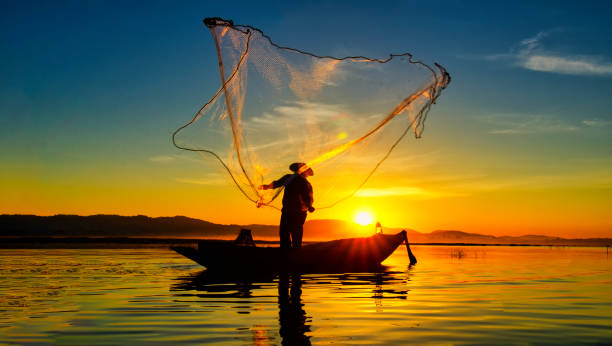 рыбак озера бангпра в действии во время рыбалки, таиланд - skiff nautical vessel fishing sea стоковые фото и изображения