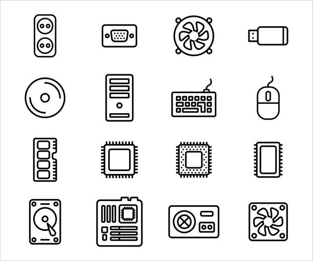 illustrazioni stock, clip art, cartoni animati e icone di tendenza di set semplice di componenti del computer e modello di progettazione grafica dell'icona vettore correlato periferico. contiene icone come processore, alimentatore, ventola, tastiera, mouse, ram e custodia - computer peripheral illustrations