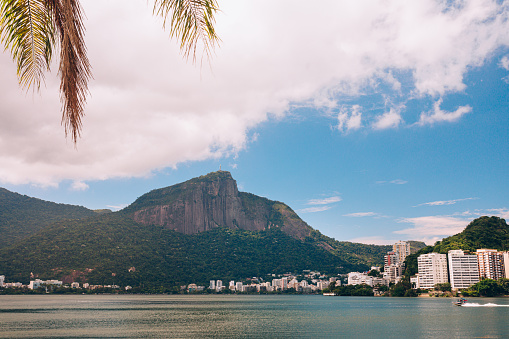 Rodrigo de Freitas lagoon with Corcovado mountain on background