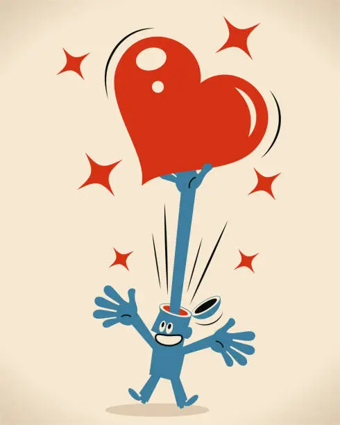 Vector illustration of While the smiling blue man's head opens, a hand pops out and shows love heart symbol