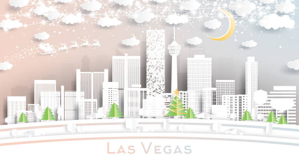 Las Vegas Nevada USA City Skyline in Paper Cut Style with Snowflakes, Moon and Neon Garland. Las Vegas Nevada USA City Skyline in Paper Cut Style with Snowflakes, Moon and Neon Garland. Vector Illustration. Christmas and New Year Concept. Santa Claus on Sleigh. las vegas stock illustrations