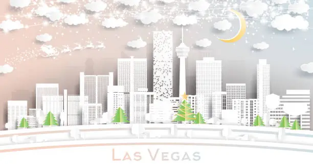 Vector illustration of Las Vegas Nevada USA City Skyline in Paper Cut Style with Snowflakes, Moon and Neon Garland.