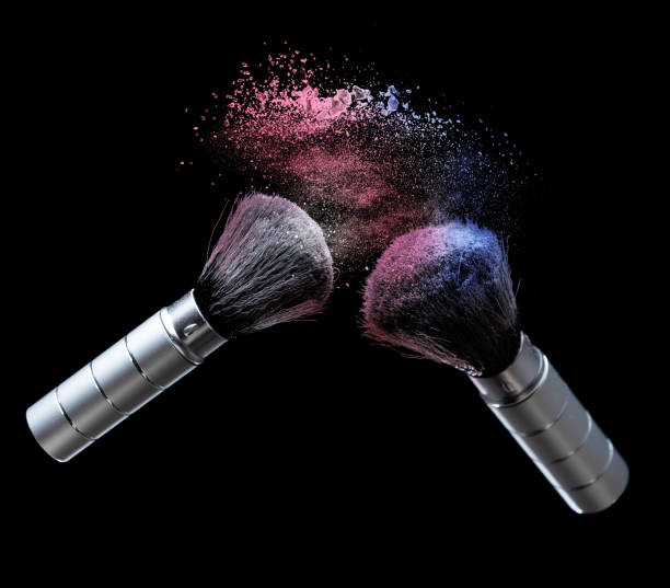 istock Blue and red powder splash with cosmetic brush for makeup on black background 1289126653