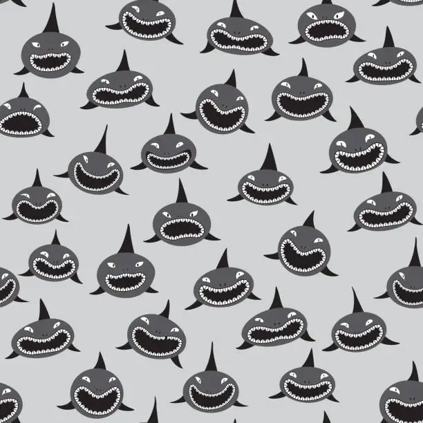Vector illustration of Vector humor seamless pattern from sharp-toothed smiling cartoon sharks on a gray background. 11 Maori border patterns in the brush palette. Wallpaper, wrapping paper, batik paint, chintz print