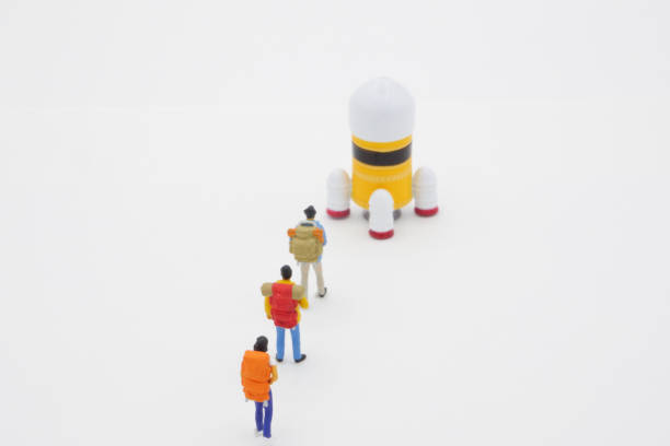 Travelers lining up to go on a space trip with a rocket
