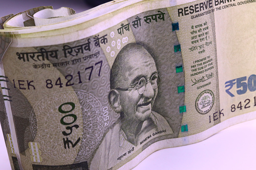 Indian paper currency 500 rupee notes or money on isolate white background. new Indian rupees