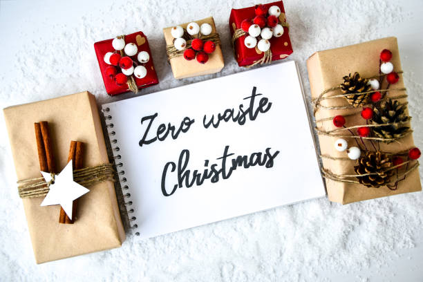 istock Zero waste Christmas text with presents with decorations on white snow background. Copy space. Eco friendly packed gift with tags from craft cardboard 1289141018