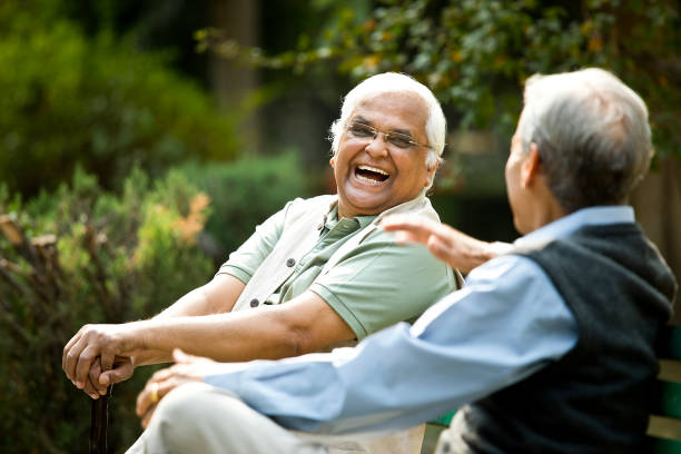 Two senior men discussing on park bench stock photo