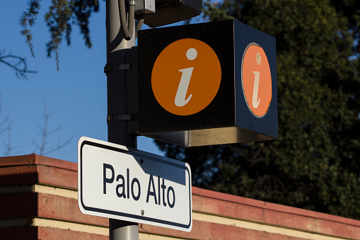 The Palo Alto sign seen at the Palo Alto Station. Palo Alto station is an intermodal transit center in Palo Alto, California.
