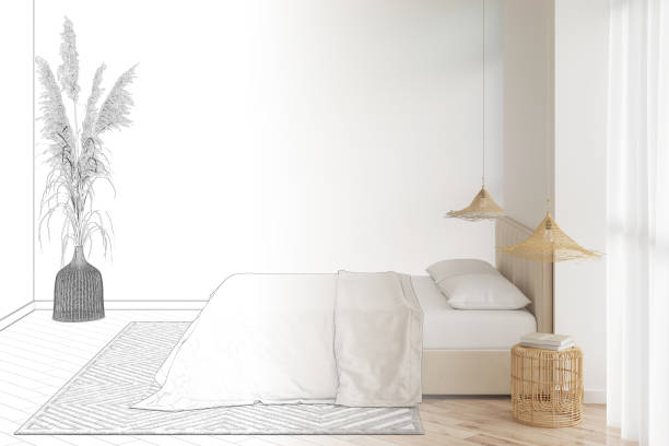 3d render el boceto se convierte en un dormitorio real con una pared en blanco, césped de pampas en un jarrón de mimbre, lámparas de trabajo abierto sobre mesitas de noche de bambú, una cama doble con ropa de cama de algodón, alfombra en el suelo de parquet.