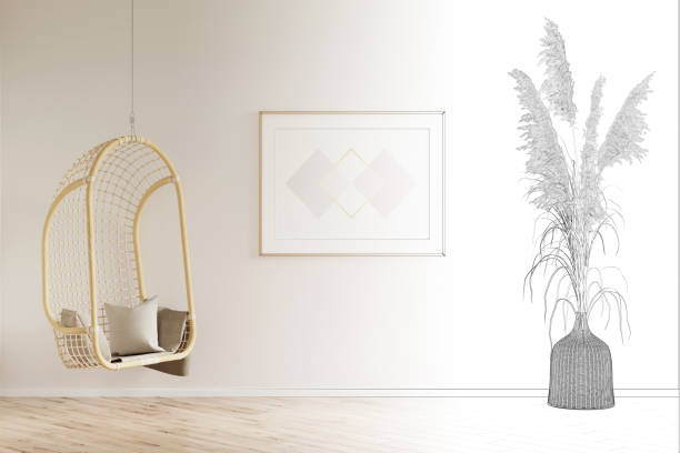 The sketch becomes a real bright sunny room with a horizontal poster between a hanging bamboo chair and pampas grass in a wicker vase, with a parquet floor.