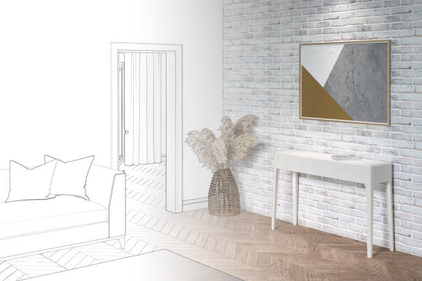 3d render un boceto se convierte en una verdadera sala de estar con un cartel horizontal en una pared de ladrillo, una puerta abierta, césped de pampa en una cesta de mimbre, un aparador, un sofá con almohadas, una alfombra en el suelo de parquet.