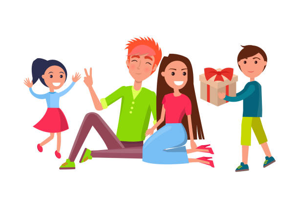 ÐÐµÐ½Ñ ÑÐ¾Ð¶Ð´ÐµÐ½Ð¸Ñ 5 Birthday celebration party vector, people at home with kids giving presents. Father and mother with children holding gift in box wrapped in paper and bow birthday family stock illustrations