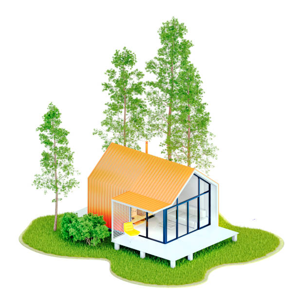 istock Top view modern small white frame tiny house in the Scandinavian style barn with an orange roof on an island with a green lawn and fir trees. 3D illustration on a white background, isolated 1289146055