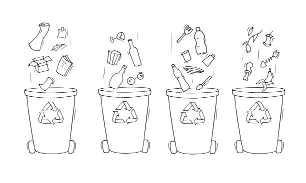 Containers for garbage of different types. Containers for garbage of different types. Set of garbage cans for paper products, food waste, glass, paper and plastic. Cartoon vector illustration isolated on white. black trash bin stock illustrations