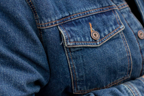 istock Dark denim jacket pocket close-up, fabric texture, buttons 1289146995