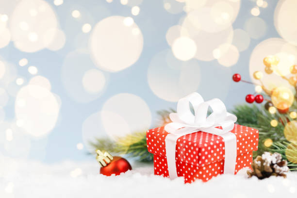 istock Christmas red gift with branch fir tree and decorations 1289149954