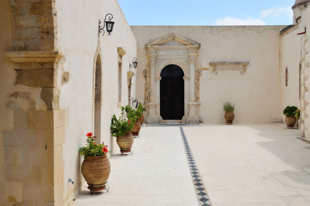 Crete, August 09: Yard of Gonia Odigitria Monastery on August 09, 2020 at Crete island, Greece. Gonia Monastery, Monastery of Our Lady of Gonia or Monastery of Panagia Hodegetria is an Orthodox monastery in Crete island
