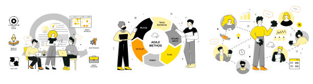 Scrum, agile methodology for marketing design, flat vector illustration set. Scrum methodology for marketing design, flat vector illustration. Software development. Business illustration. Business people office work. scrum stock illustrations