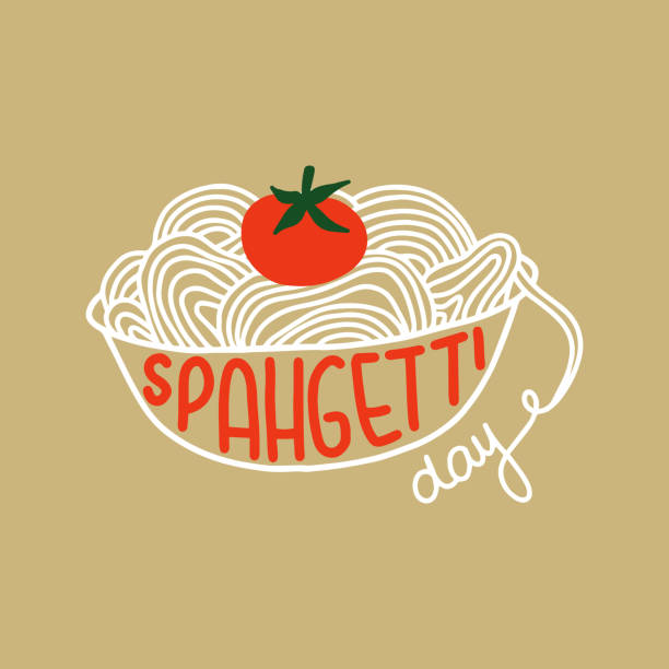 Vector illustration on the theme of National Spaghetti Day on January 4. Decorated with a Lettering and bowl of spaghetti, tomato. spaghetti stock illustrations