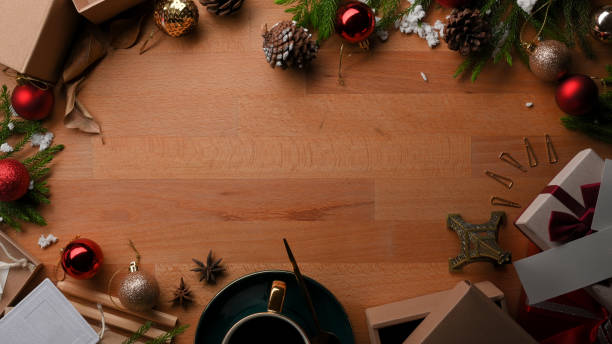 istock Wooden table with copy space, present box and decorations in Christmas concept 1289153639