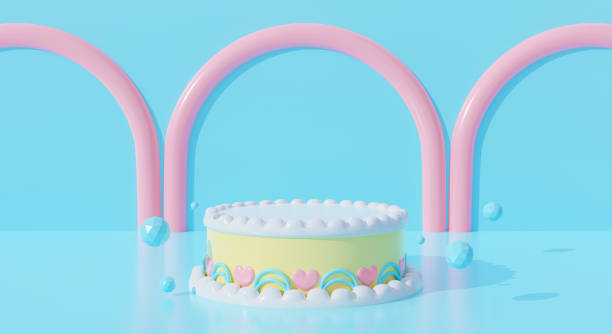 istock 3d blue podium background abstract candy dessert cake cartoon. Creative ideas minimal summer food. 3d rendering for pastel banner, display product mockup design. Anniversary celebration birthday party 1289155475