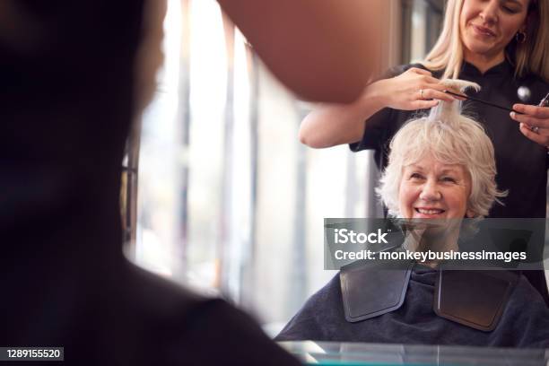 Senior Woman Having Hair Cut By Female Stylist In Hairdressing Salon Stock Photo - Download Image Now