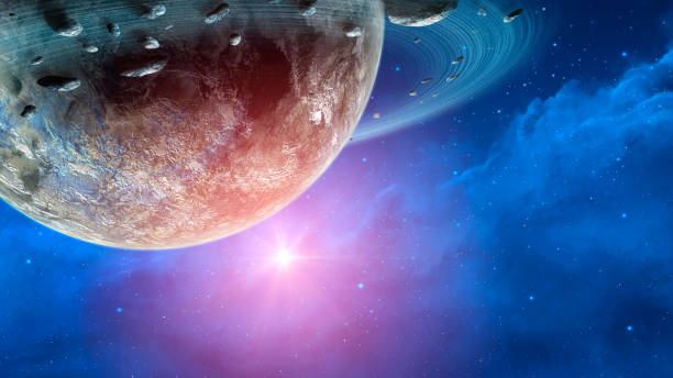 istock Space background. Blue cloudy nebula with planet, asteroid and ring 1289156171