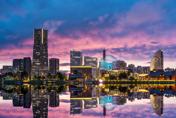 yokohama, japan skyline at minato mirai waterfront district. - landmark tower tokyo prefecture japan asia imagens e fotografias de stock