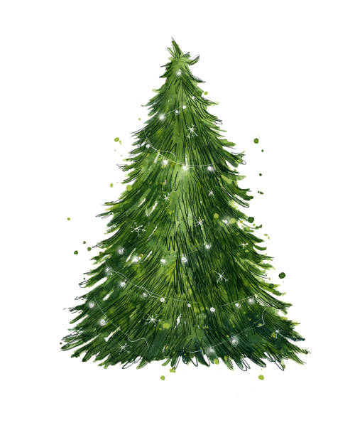 dekoriert traditionelle weihnachtsbaum aquarell illustration von hand bemalt - tannenbaum stock-grafiken, -clipart, -cartoons und -symbole