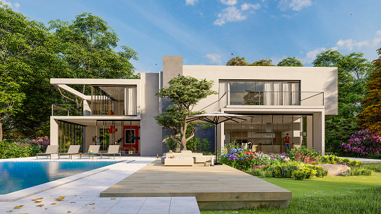 3D rendering of a big contemporary villa with impressive garden and pool