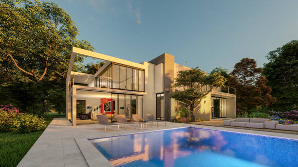istock Big contemporary villa with pool at sunset 1289159275