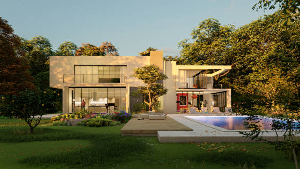 istock Big contemporary villa with pool at sunset 1289159293
