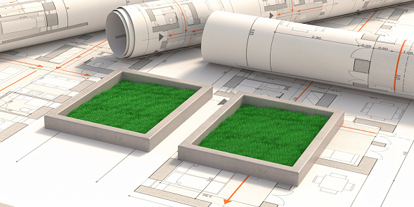 Landcsape architect. Grass on blueprint. Residential building garden, park softscape design and construction. 3d illustration