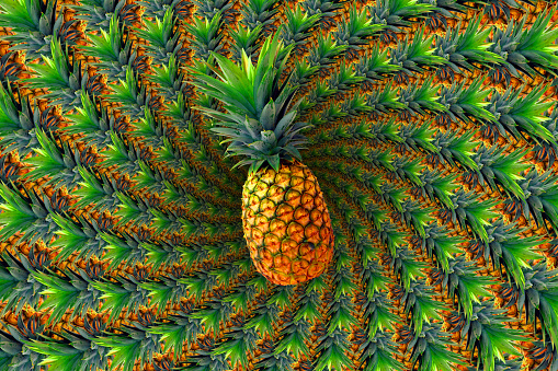 Colorful pattern of ananas fruit on yellow and violet background. Top view. Flat lay