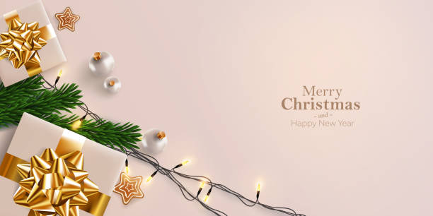 istock Merry Christmas and Happy New Year postcard template. Xmas design realistic gifts box with gold ribbon, festive lights and decorative objects. Christmas poster, holiday banner, flyer, greeting card 1289163433