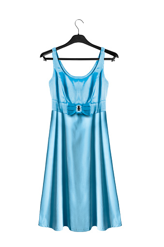 Blue satin flared mini dress hanging on black clothes rack isolated over white