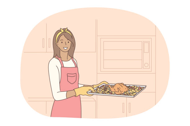요리, 베이킹, 레시피 컨셉 - chef chicken turkey cooked stock illustrations