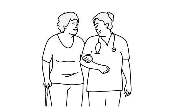 Nurse and elderly woman for a walk. Nurse and elderly woman for a walk. Hand drawn vector illustration. hospital drawings stock illustrations